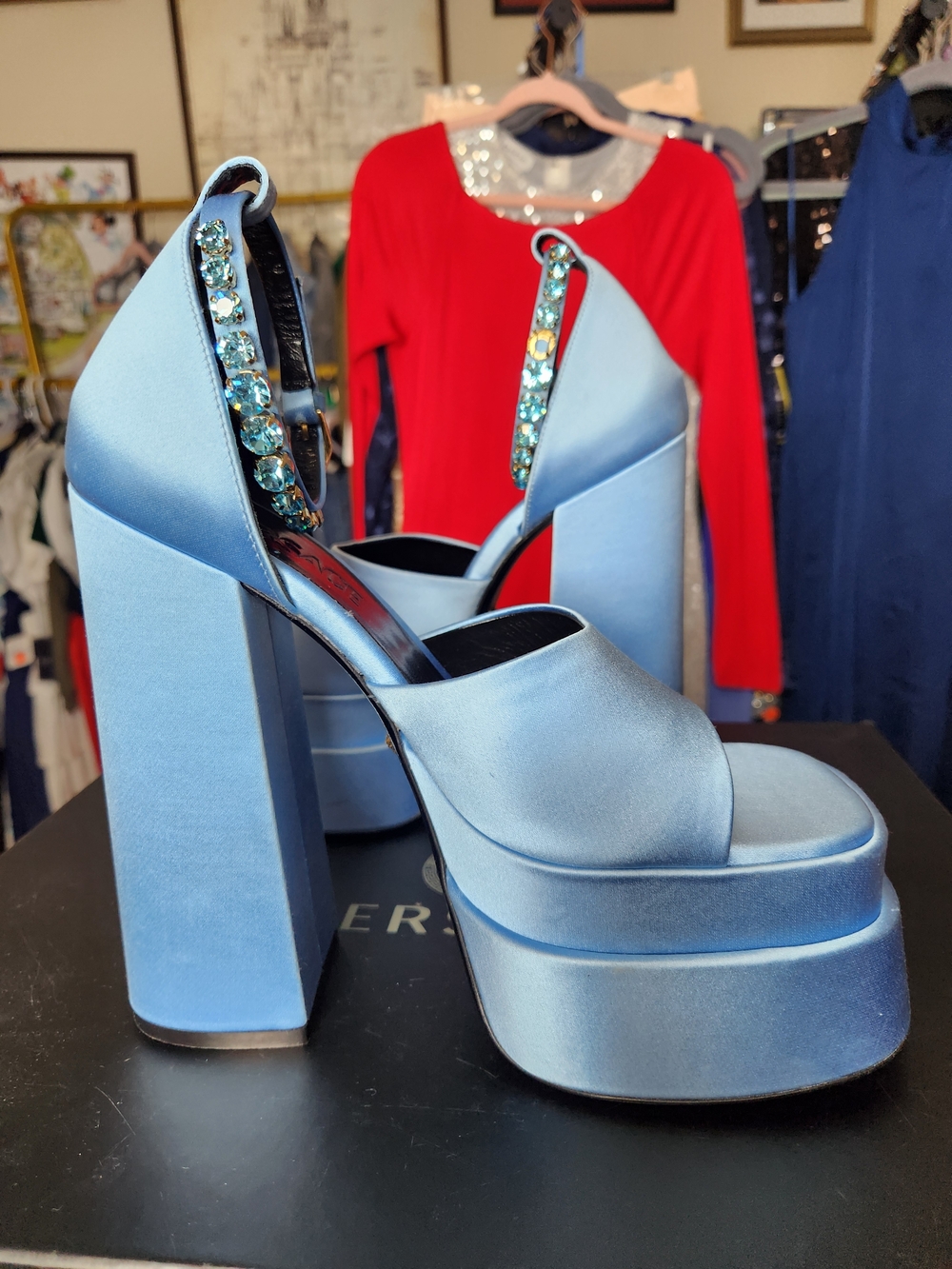 Versace Light Blue Satin Platform Sandals with Gold Medusa Charm - Picture 5 of 9